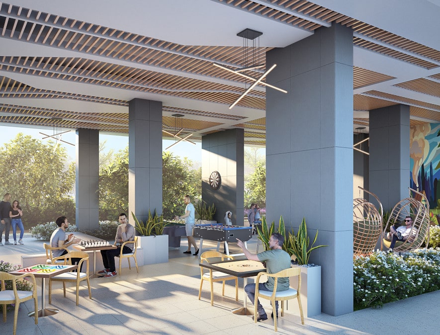Covered stilt lounge and community seating area at Nirvana