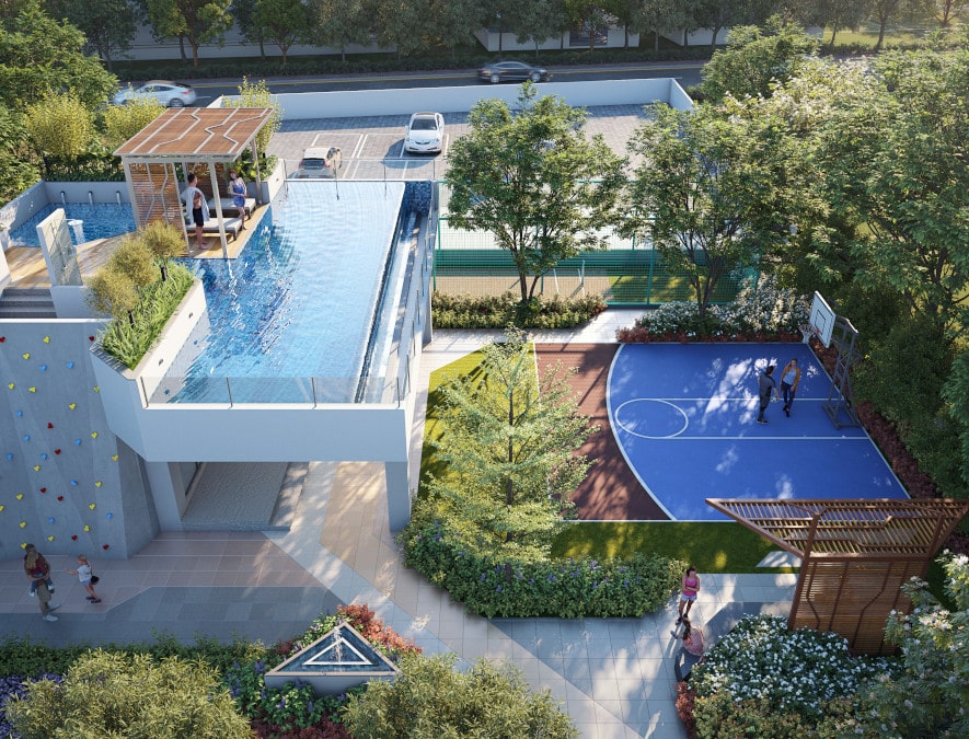 Top-down aerial view of Nirvana podium amenities and pool
