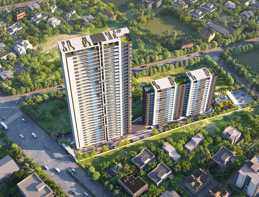 Aerial view of the Nirvana residential complex and surrounding landscape