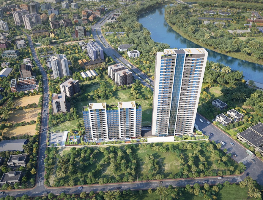 Aerial view of the Nirvana project located near a river