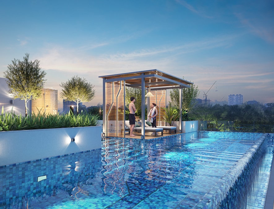 Nirvana rooftop infinity swimming pool at sunset